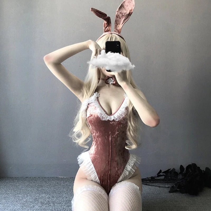 Pink Velvet Bunny Costume Bodysuit Velour Rabbit Cosplay Sexy Petplay Gear