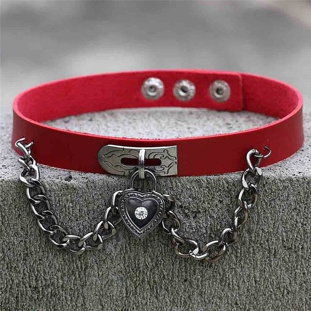 Red Victorian Goth Locket Collar Choker Necklace Vegan Leather Adjustable Lock & Key