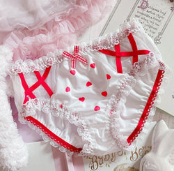 Red & White Lolita Panties - Love ribbon / M - panties, strawberries, strawberry, underwear, undies