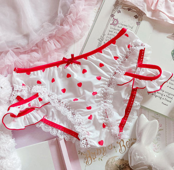Red & White Lolita Panties - Love / M - panties, strawberries, strawberry, underwear, undies