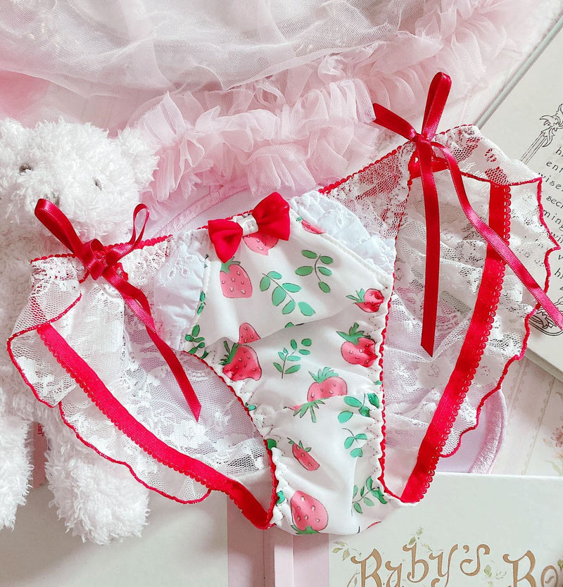 Red & White Lolita Panties - Strawberry ribbon / M - panties, strawberries, strawberry, underwear, undies
