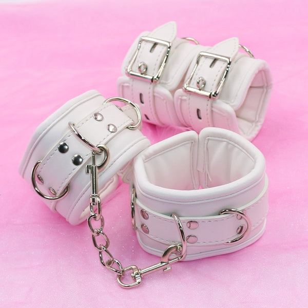 White Vegan Luxury Cuffs - Set of Both (Save $$) - ankle cuff, cuffs, hand handcuff, handcuffs