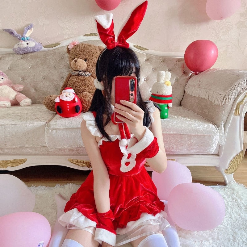 Winter Bunny Cosplay Set Velvet Velour Pink Santa Clause Holiday – DDLG ...
